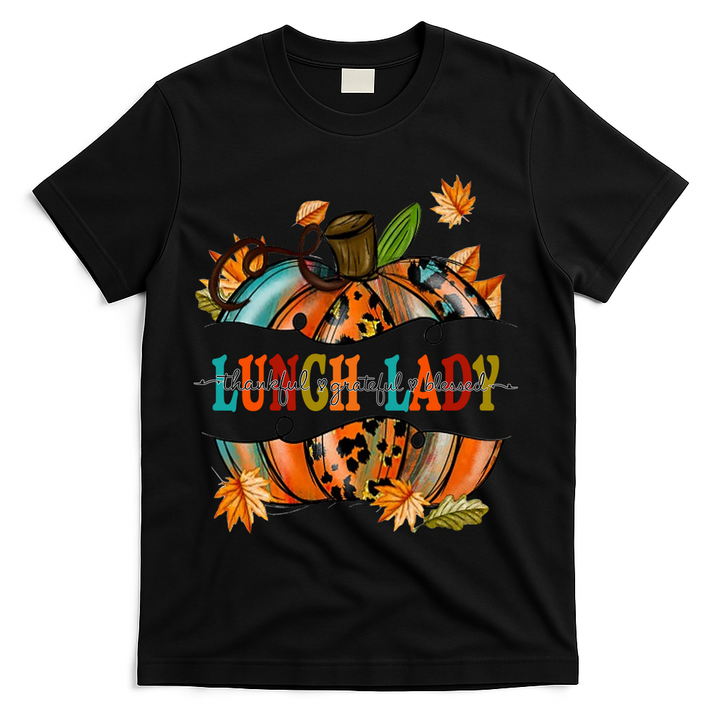 Thankful Grateful Blessed Lunch Lady Graphic Pumpkin Autumn Cool Gift T-Shirt - Black