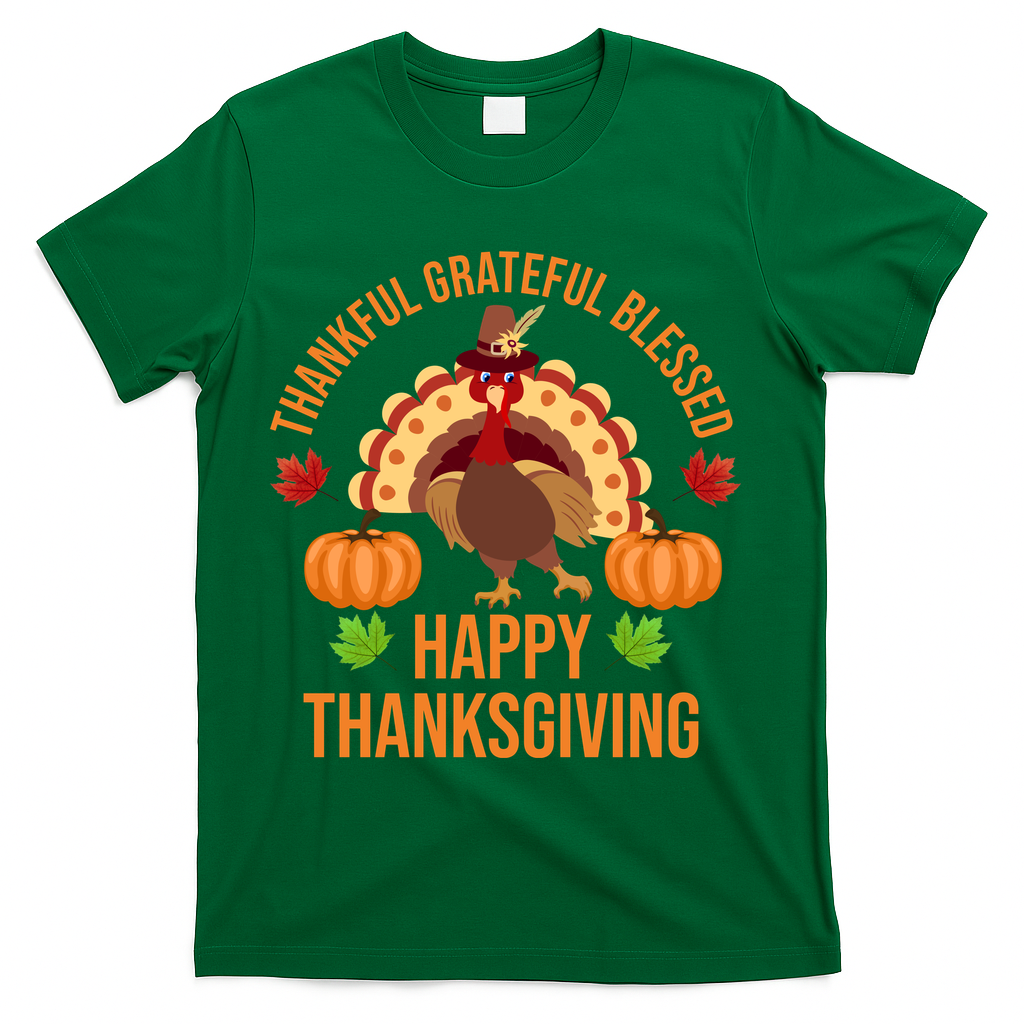 Thankful Grateful Blessed Happy Thanksgiving Quote T-Shirt - Green