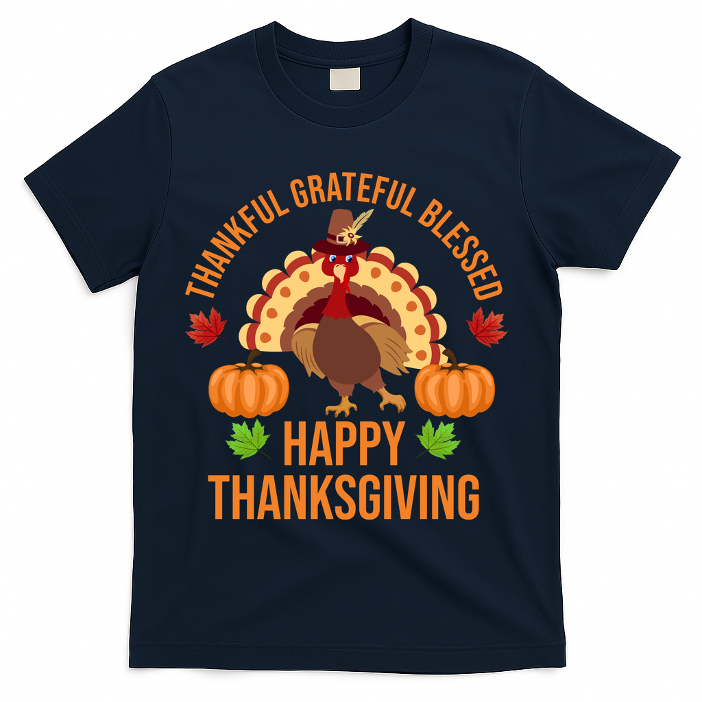 Thankful Grateful Blessed Happy Thanksgiving Quote T-Shirt - Navy