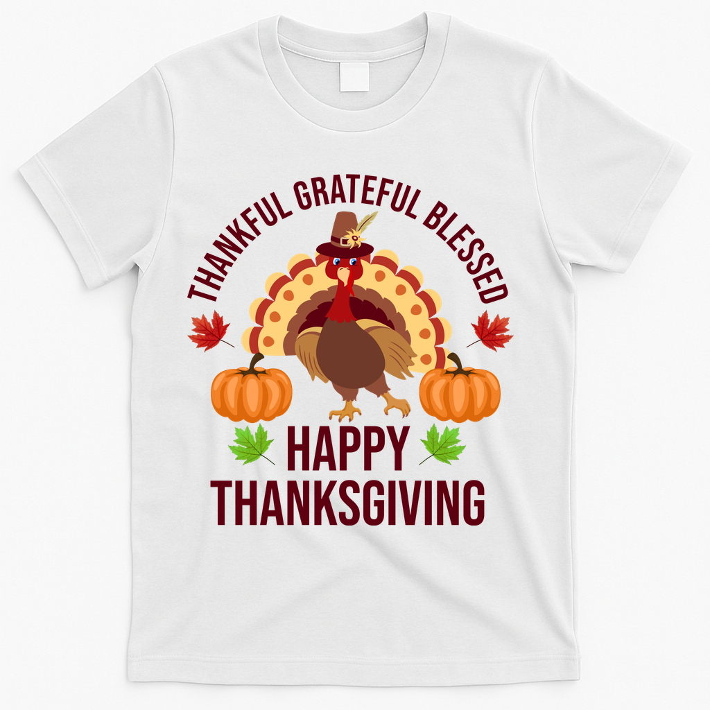 Thankful Grateful Blessed Happy Thanksgiving Quote T-Shirt - White