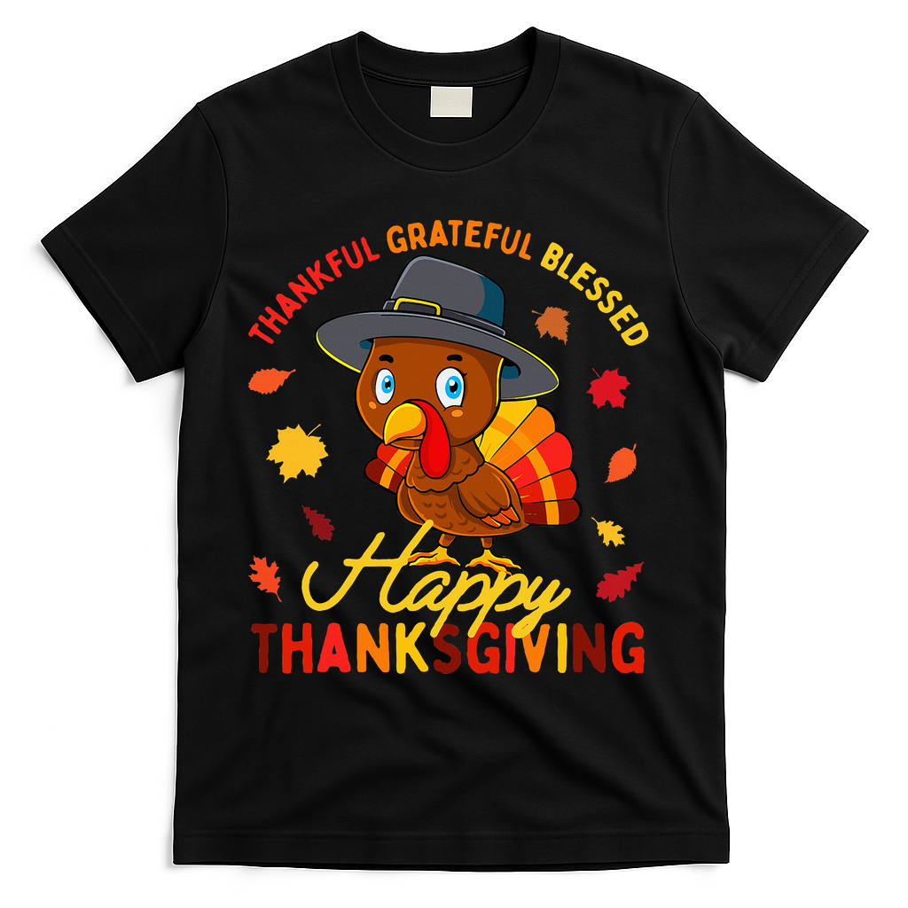 Thankful Grateful Blessed Thanksgiving Turkey T-Shirt - Black