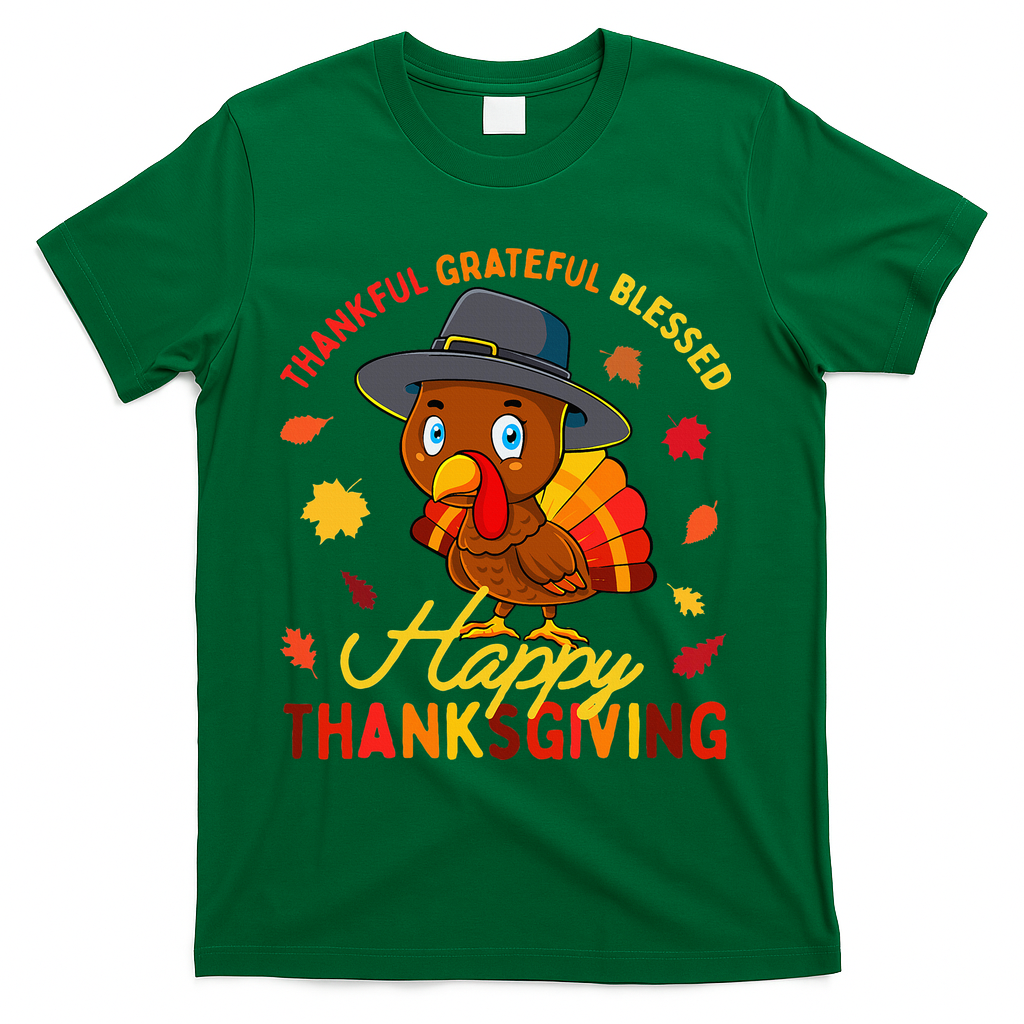 Thankful Grateful Blessed Thanksgiving Turkey T-Shirt - Green