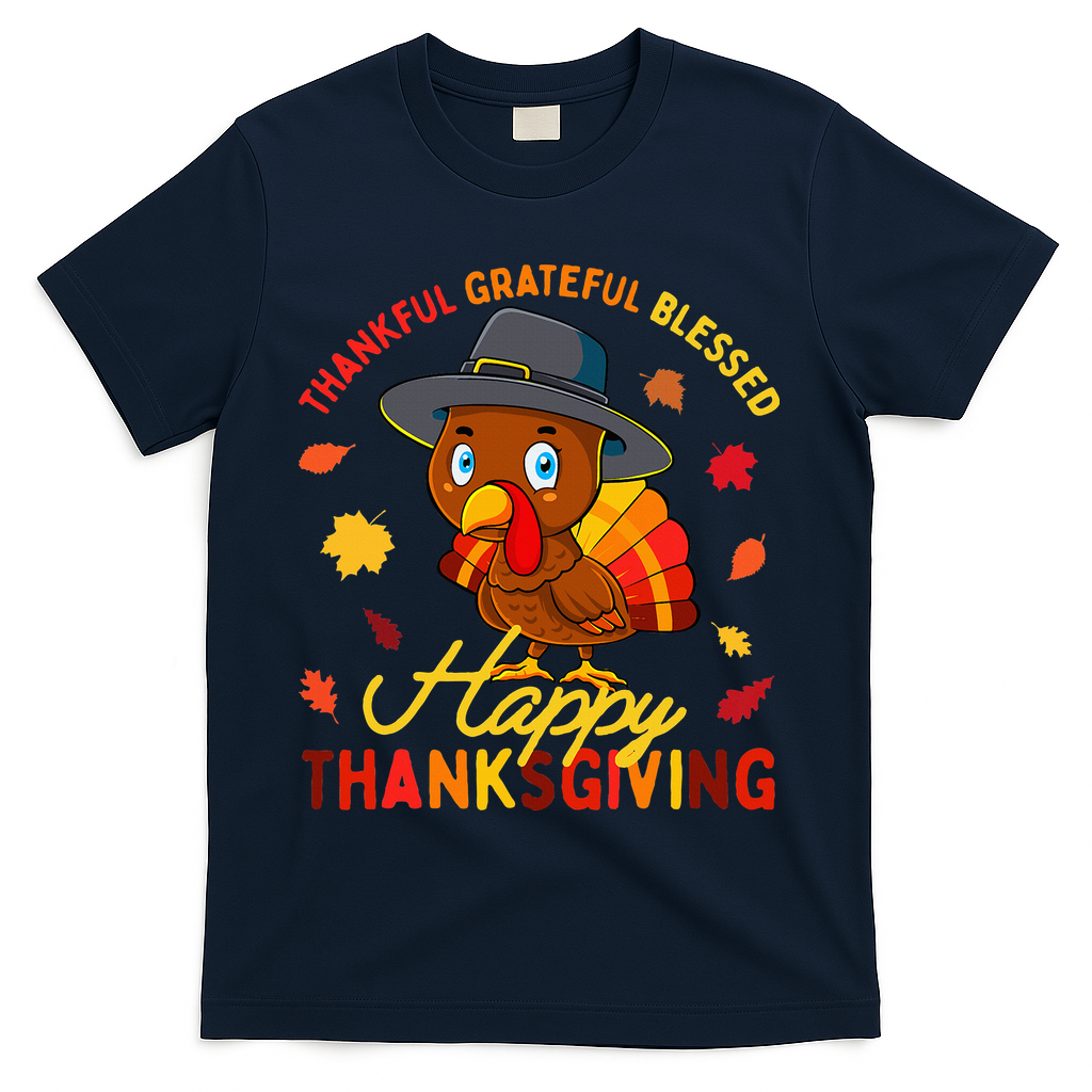 Thankful Grateful Blessed Thanksgiving Turkey T-Shirt - Navy
