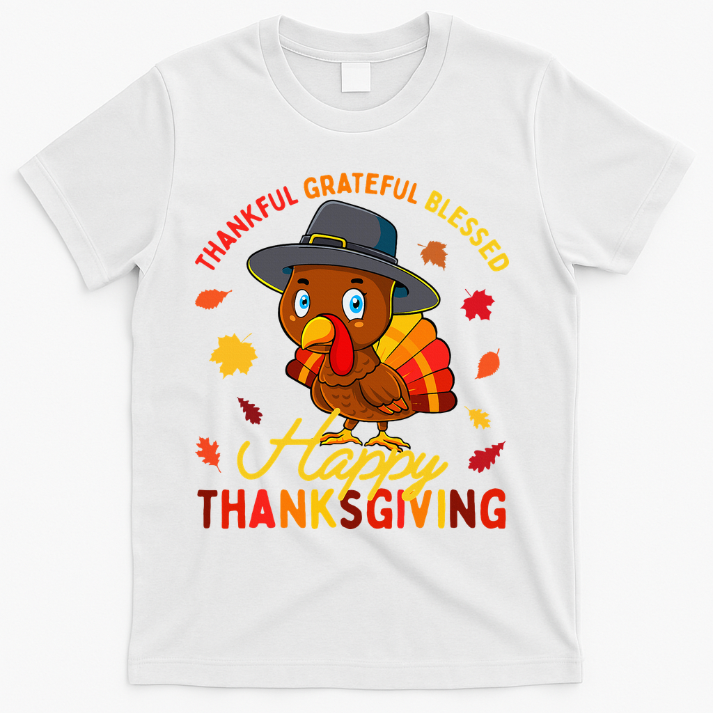 Thankful Grateful Blessed Thanksgiving Turkey T-Shirt - White