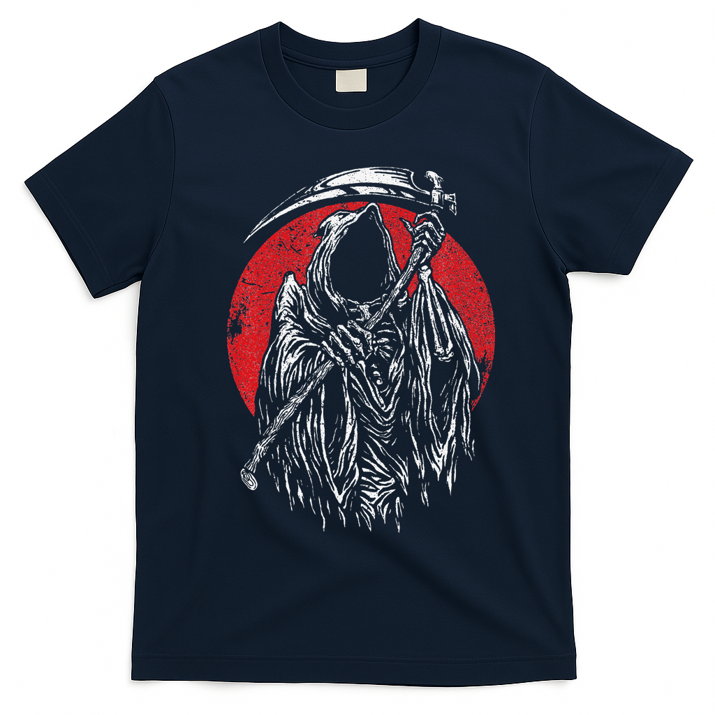 The Grim Reaper Skeleton Skull Death Scythe Grunge Horror T-Shirt - Navy Blue