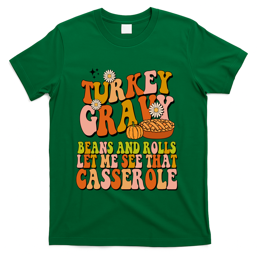 Turkey Gravy Retro Groovy Thanksgiving Food T-Shirt - Green