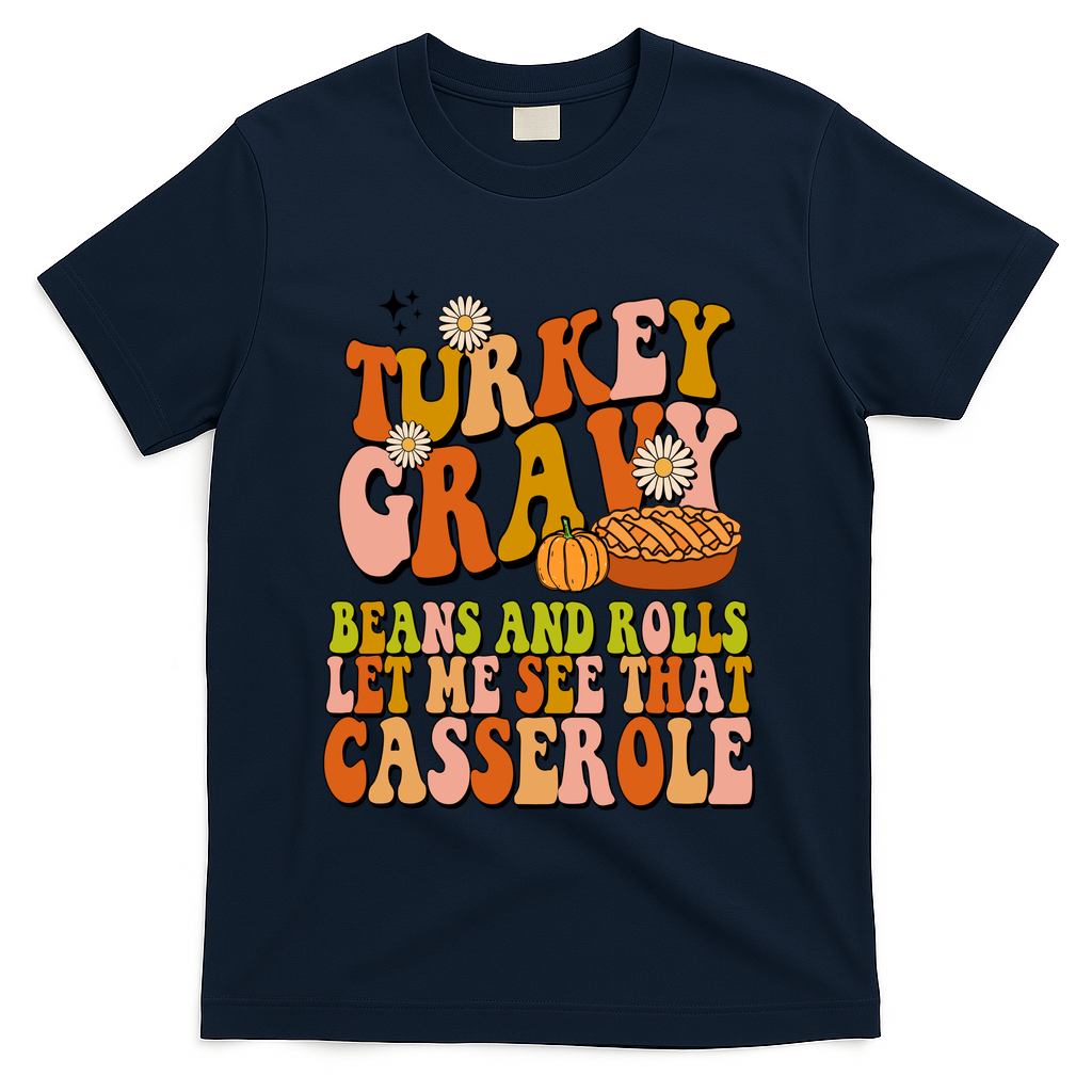 Turkey Gravy Retro Groovy Thanksgiving Food T-Shirt - Navy
