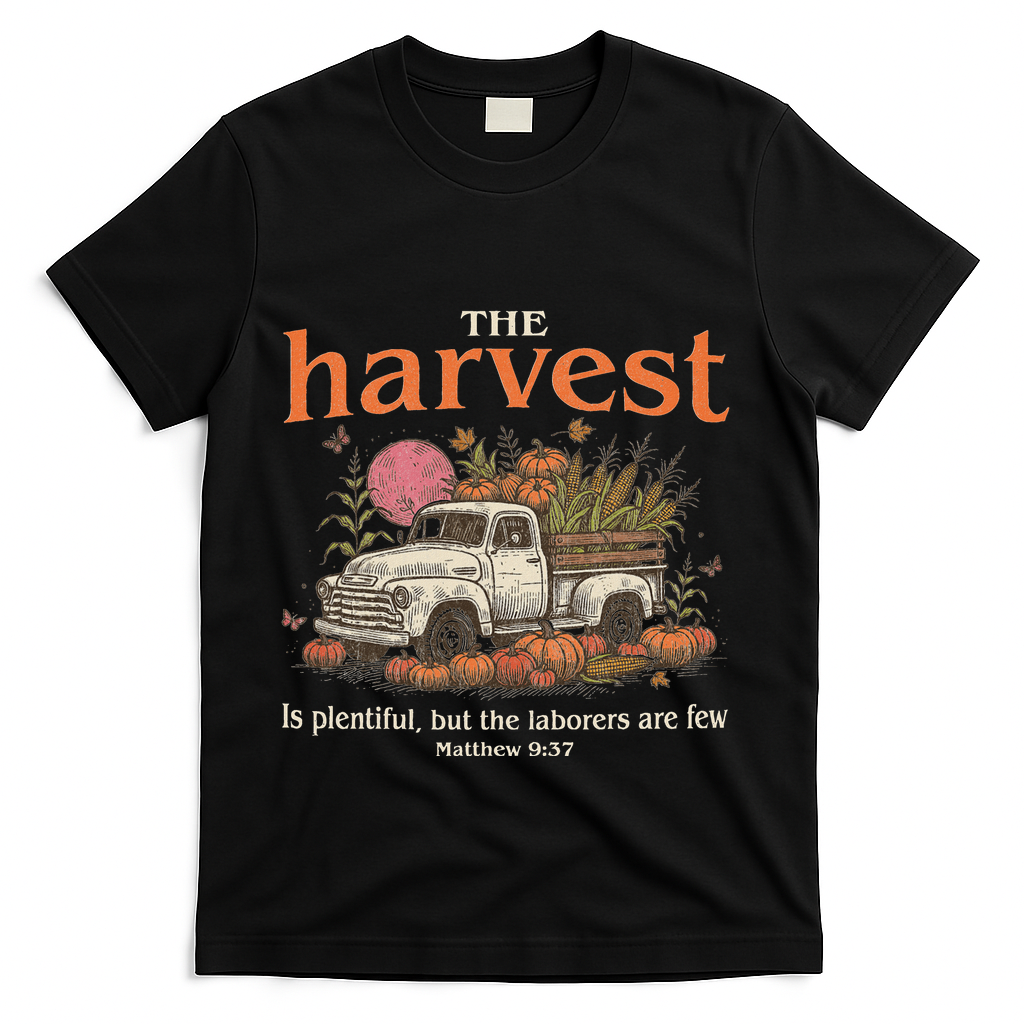 The Harvest Is Plentiful Christian Fall Autumn Vintage Truck T-Shirt - Black