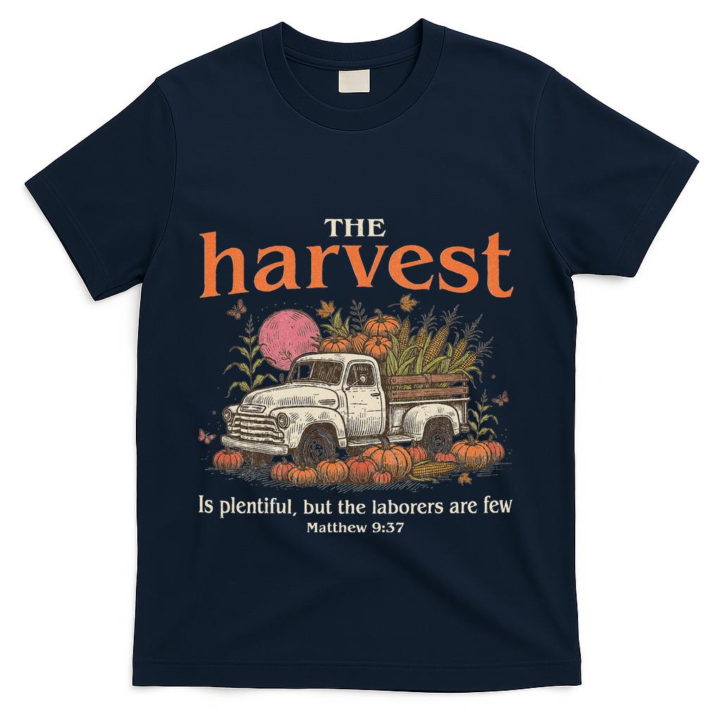 The Harvest Is Plentiful Christian Fall Autumn Vintage Truck T-Shirt - Navy