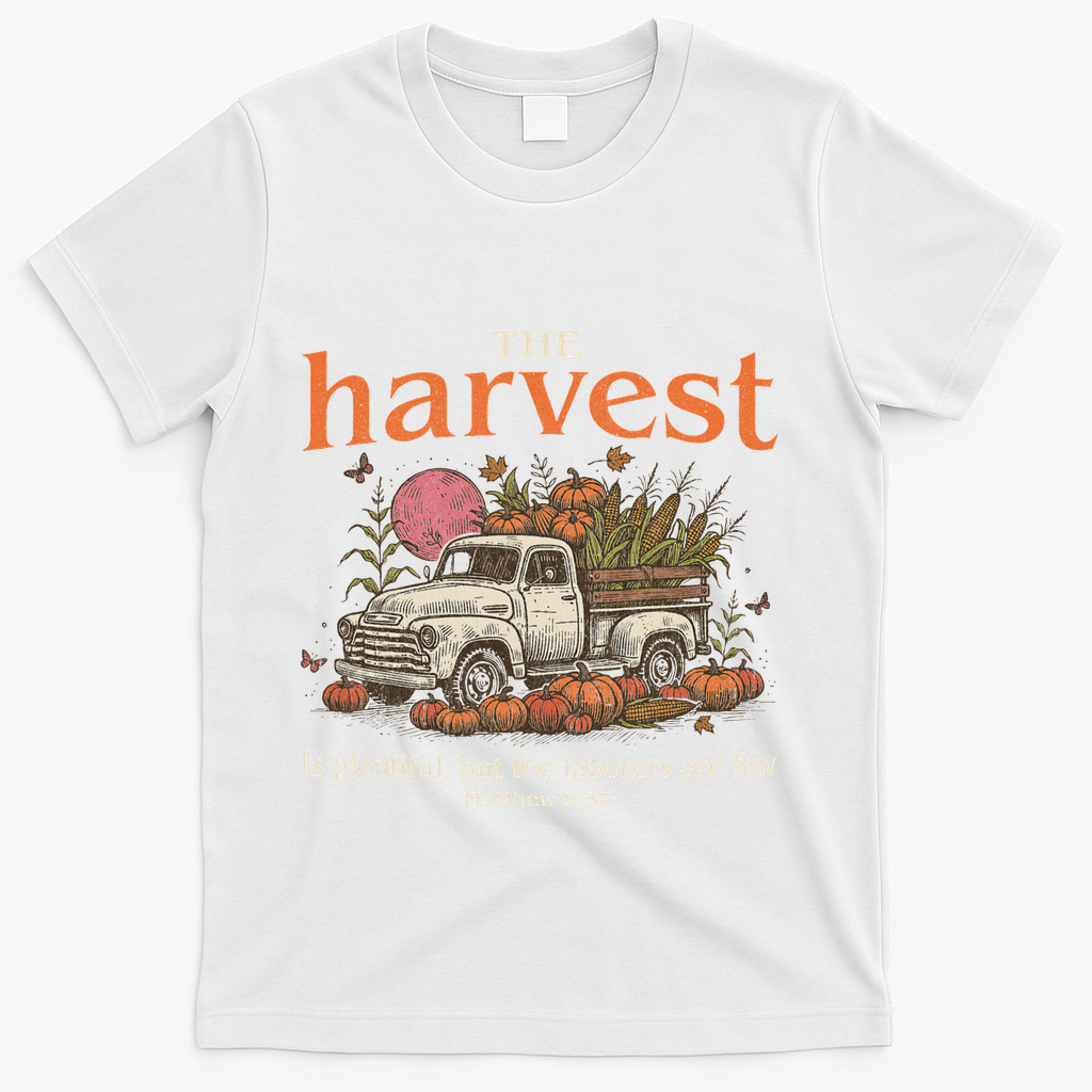 The Harvest Is Plentiful Christian Fall Autumn Vintage Truck T-Shirt - White
