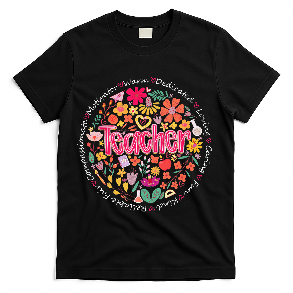 Teach Love Inspire Wildflower Teacher Funny Back To School T-Shirt - Black