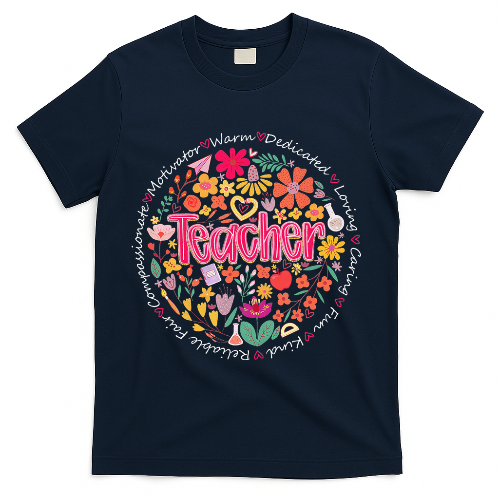 Teach Love Inspire Wildflower Teacher Funny Back To School T-Shirt - Navy