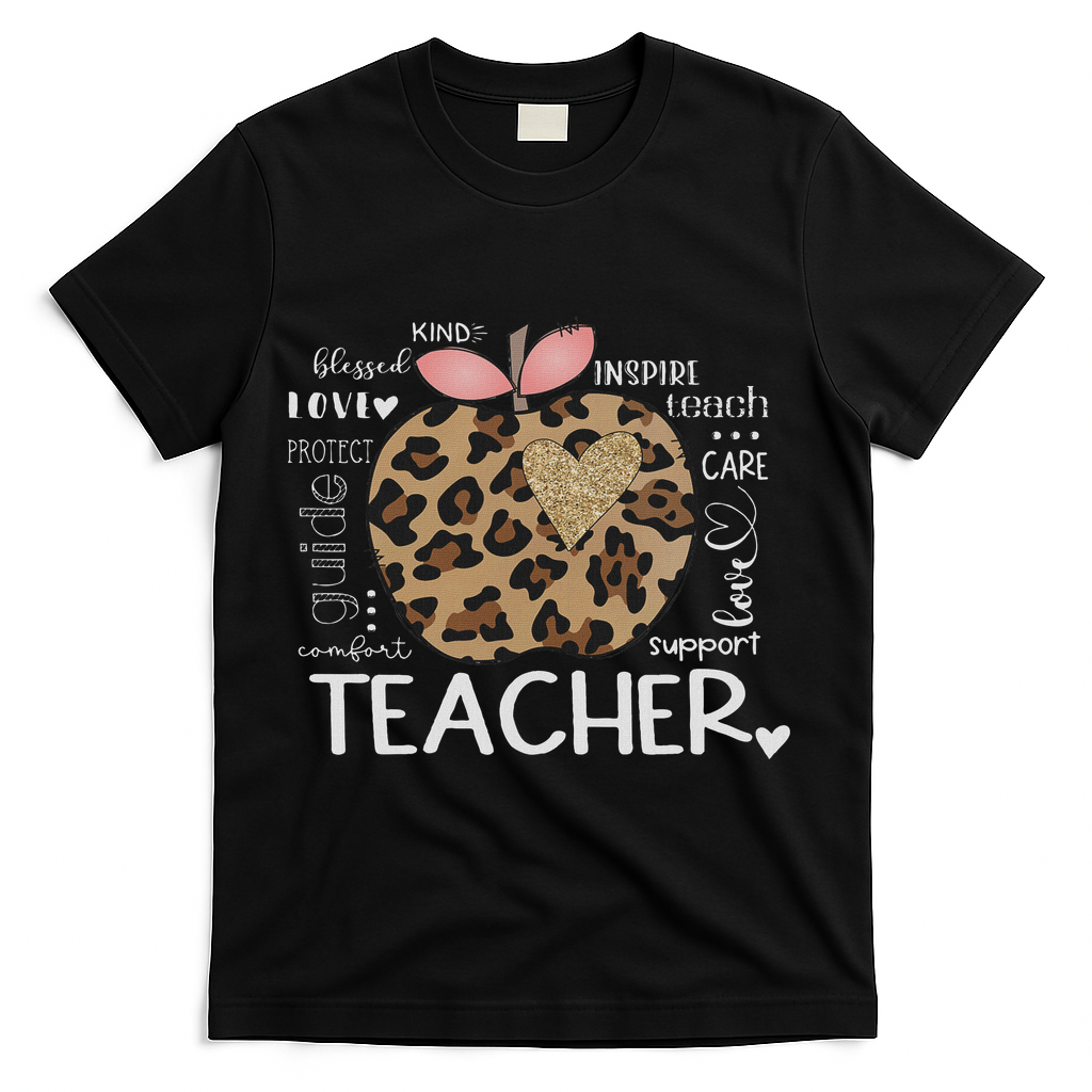 Teacher Life Leopard Apple Teacher's Day Back To School T-Shirt - Black