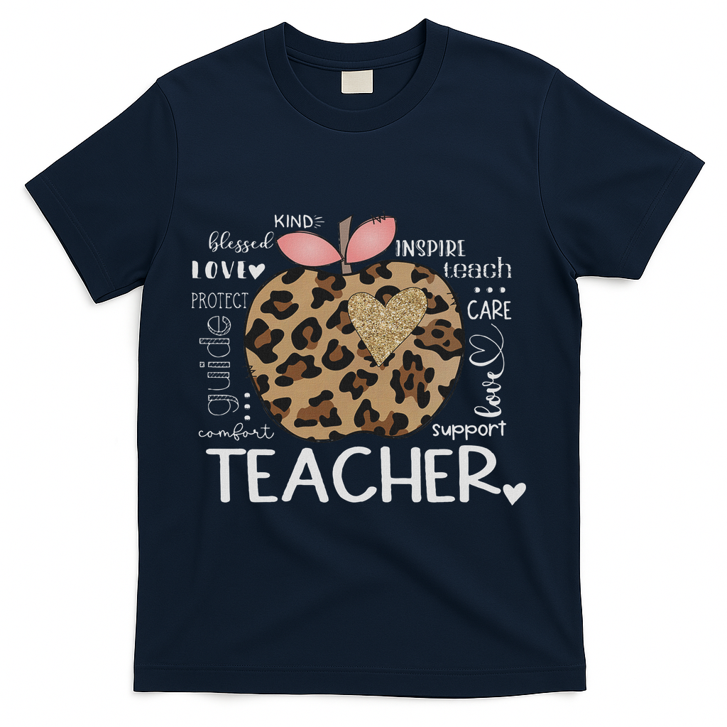 Teacher Life Leopard Apple Teacher's Day Back To School T-Shirt - Navy