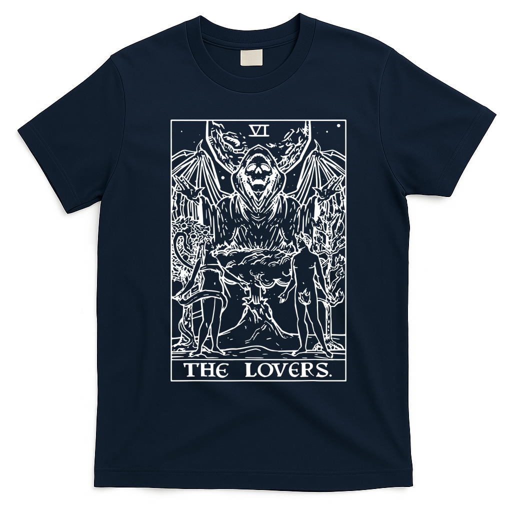 The Lovers Tarot Card Halloween Grim Reaper Gothic Horror T-Shirt - Navy Blue