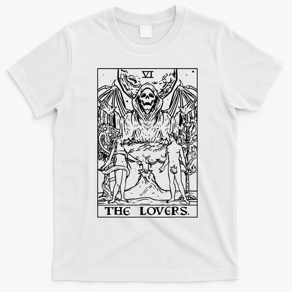 The Lovers Tarot Card Halloween Grim Reaper Gothic Horror T-Shirt - White