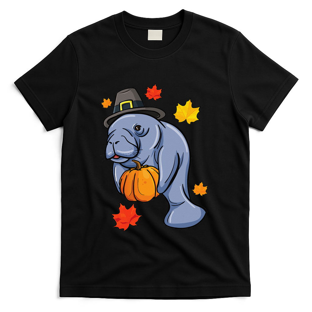 Thanksgiving Manatee Pilgrim Fall Pumpkin Dugong T-Shirt - Black