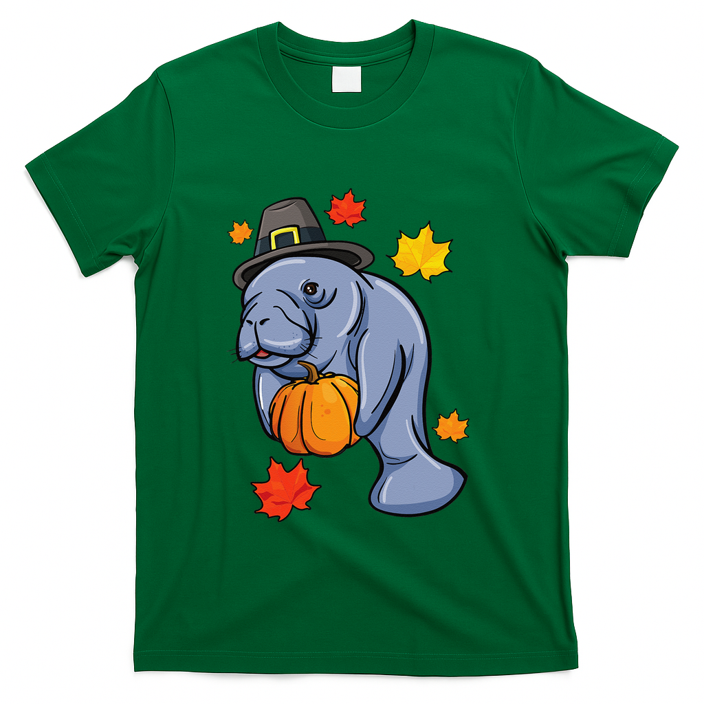 Thanksgiving Manatee Pilgrim Fall Pumpkin Dugong T-Shirt - Green