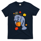 Thanksgiving Manatee Pilgrim Fall Pumpkin Dugong T-Shirt - Navy