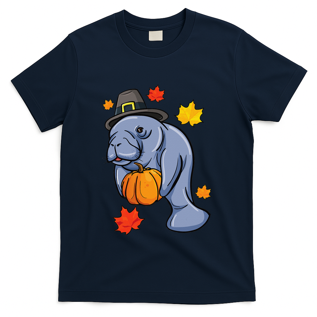 Thanksgiving Manatee Pilgrim Fall Pumpkin Dugong T-Shirt - Navy