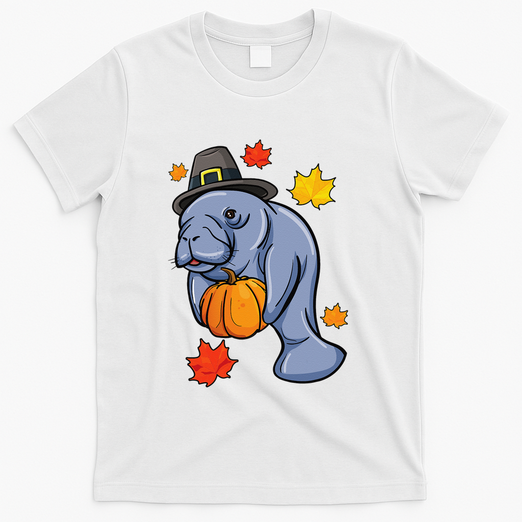 Thanksgiving Manatee Pilgrim Fall Pumpkin Dugong T-Shirt - White