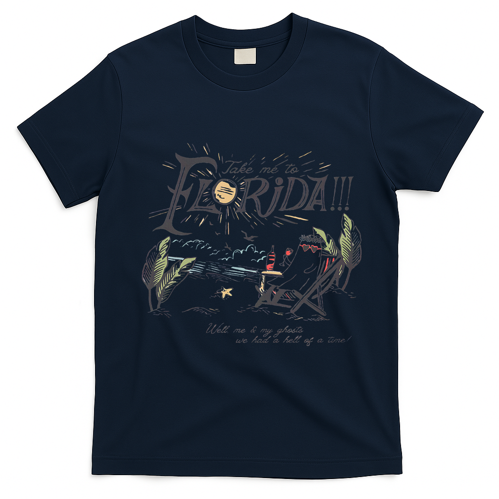 Take Me To The Florida Funny Ghost On The Beach T-Shirt - Navy Blue