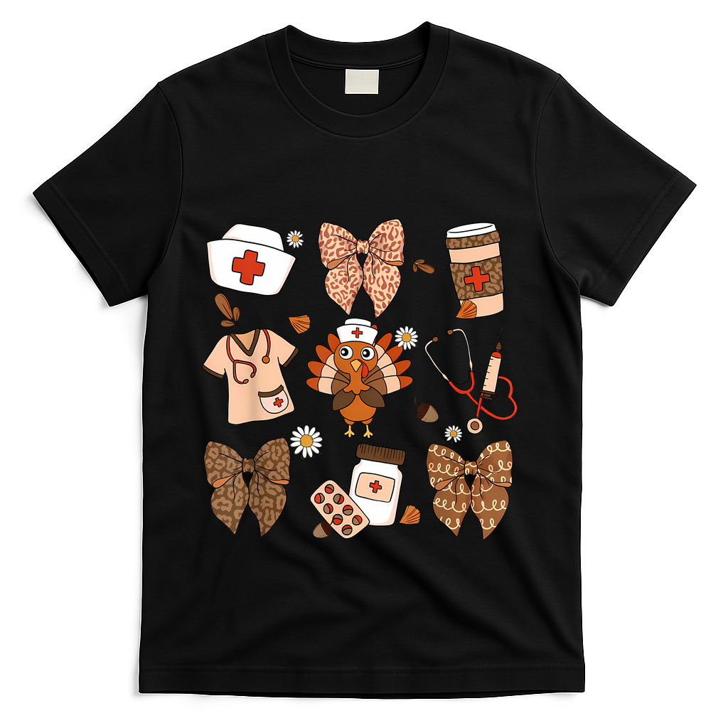 Thanksgiving Nurse Coquette Bow Ed Er Rn Fall Nursing T-Shirt - Black