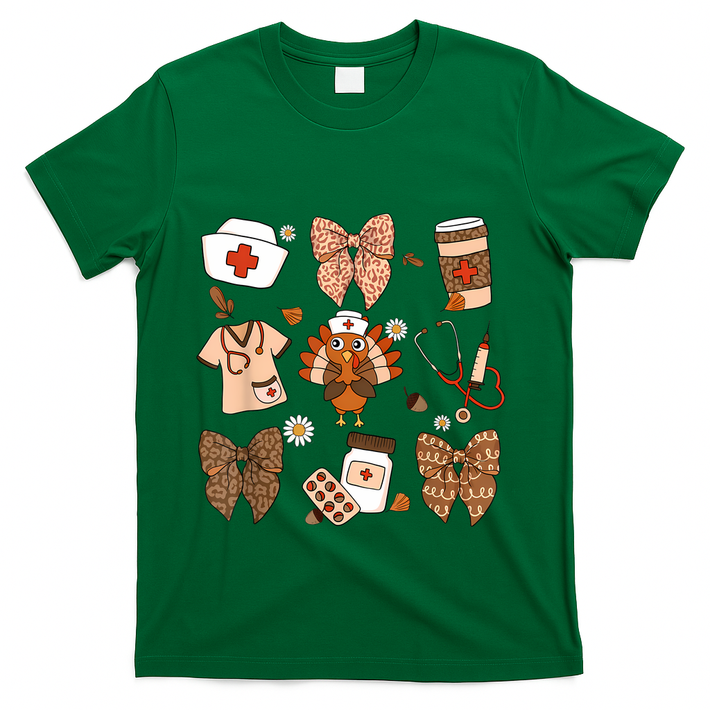 Thanksgiving Nurse Coquette Bow Ed Er Rn Fall Nursing T-Shirt - Green