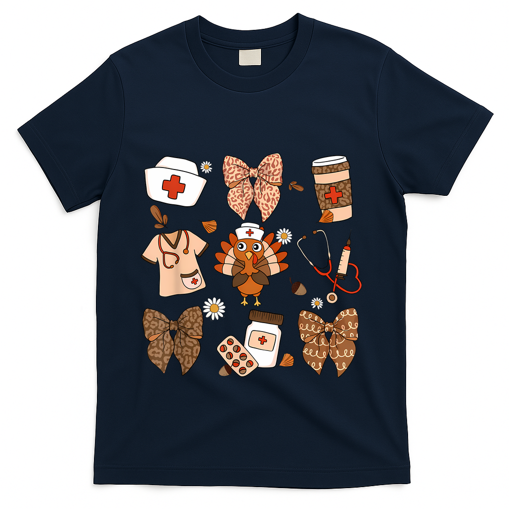 Thanksgiving Nurse Coquette Bow Ed Er Rn Fall Nursing T-Shirt - Navy