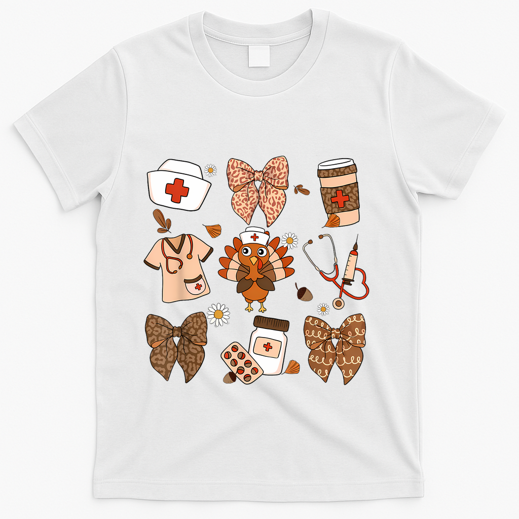 Thanksgiving Nurse Coquette Bow Ed Er Rn Fall Nursing T-Shirt - White