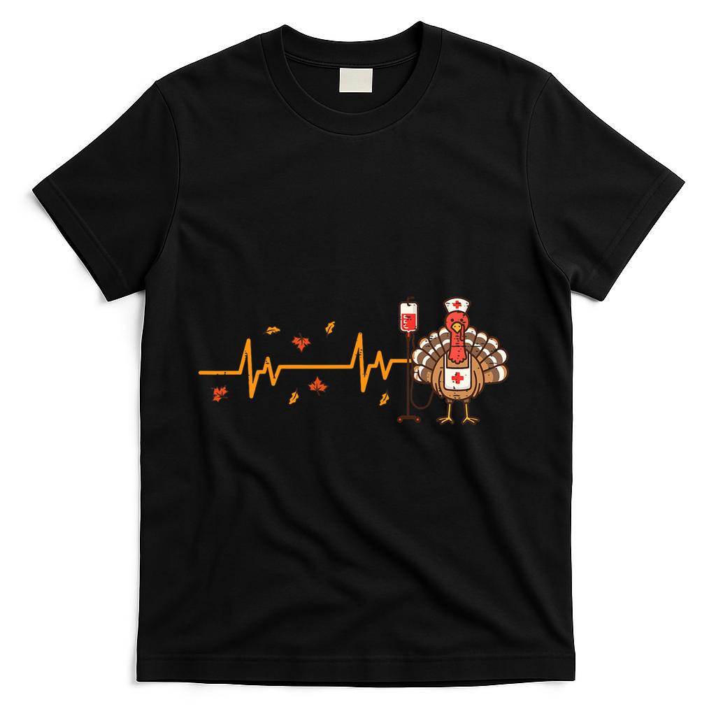 Thanksgiving Nurse Heartbeat Turkey Fall T-Shirt - Black