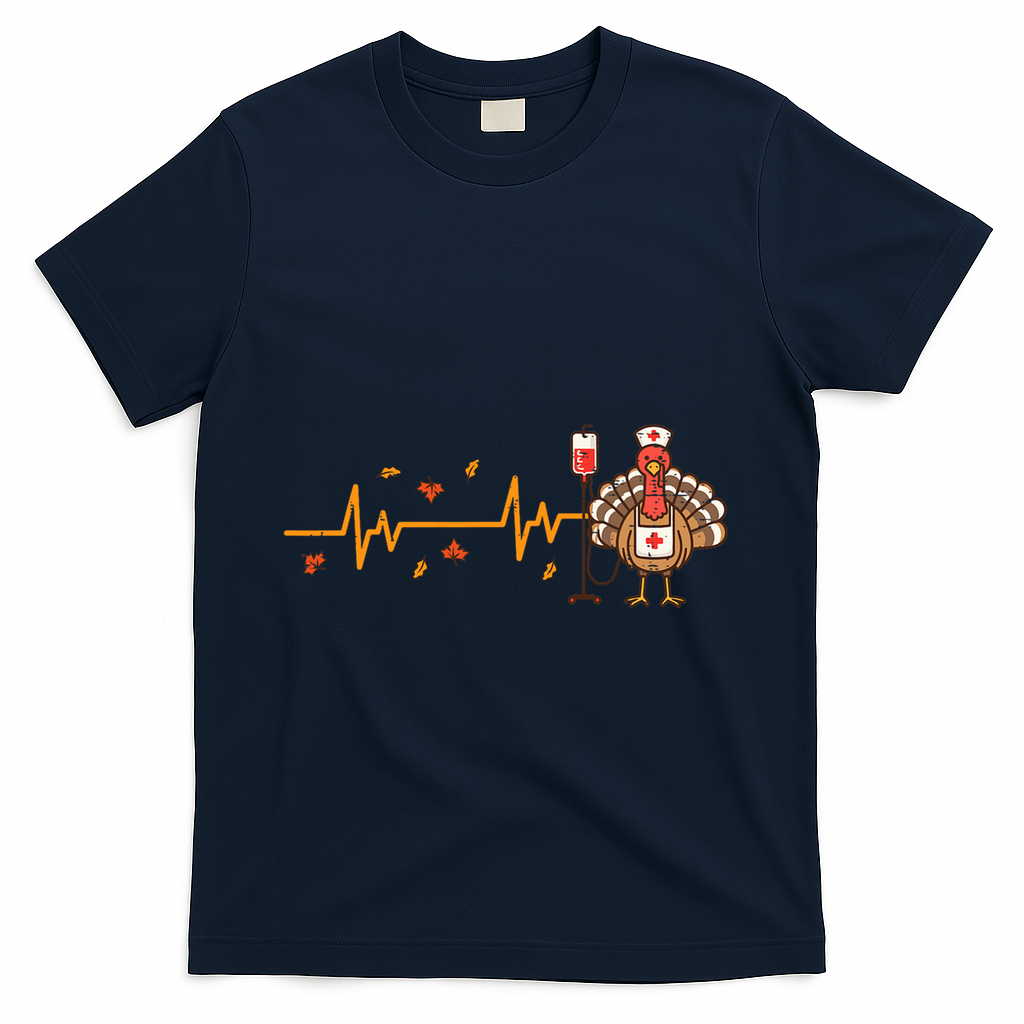 Thanksgiving Nurse Heartbeat Turkey Fall T-Shirt - Navy