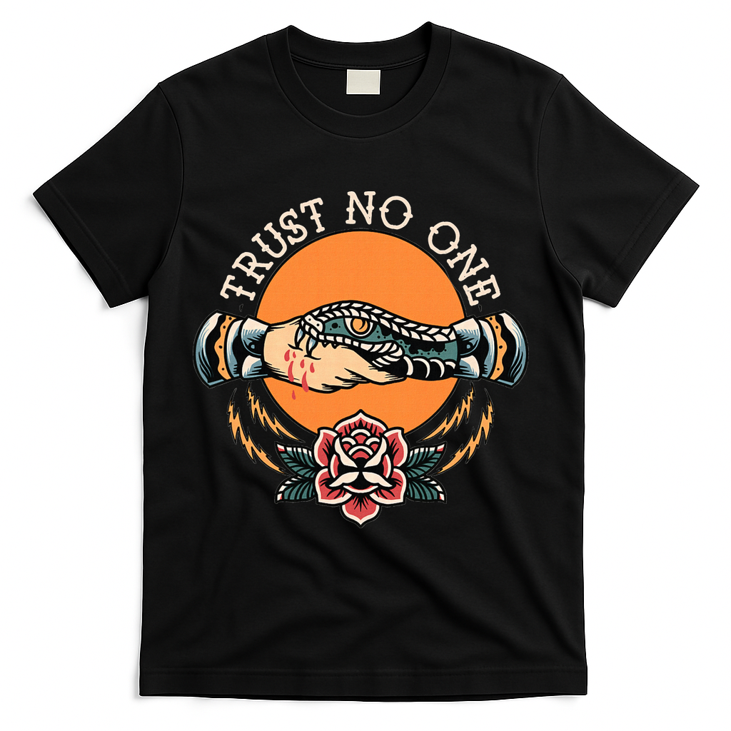 Trust No One Handshake Snake Traditional Tattoo Art T-Shirt - Black