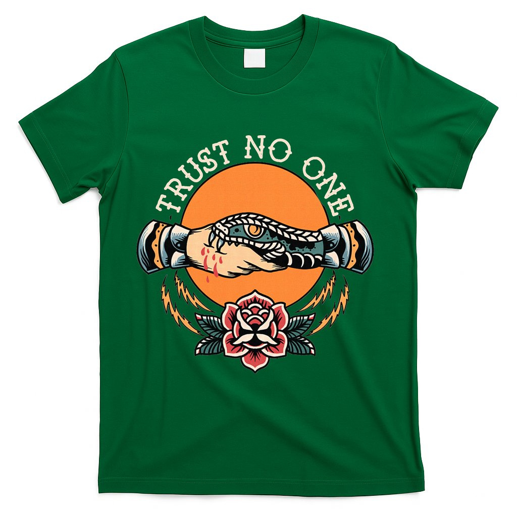 Trust No One Handshake Snake Traditional Tattoo Art T-Shirt - Green