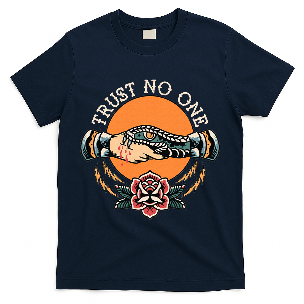 Trust No One Handshake Snake Traditional Tattoo Art T-Shirt - Navy