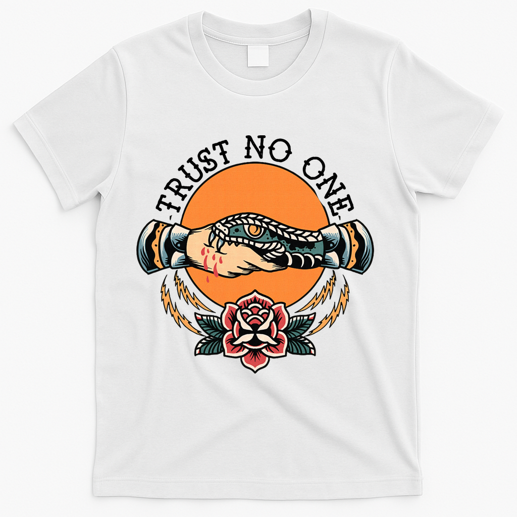 Trust No One Handshake Snake Traditional Tattoo Art T-Shirt - White