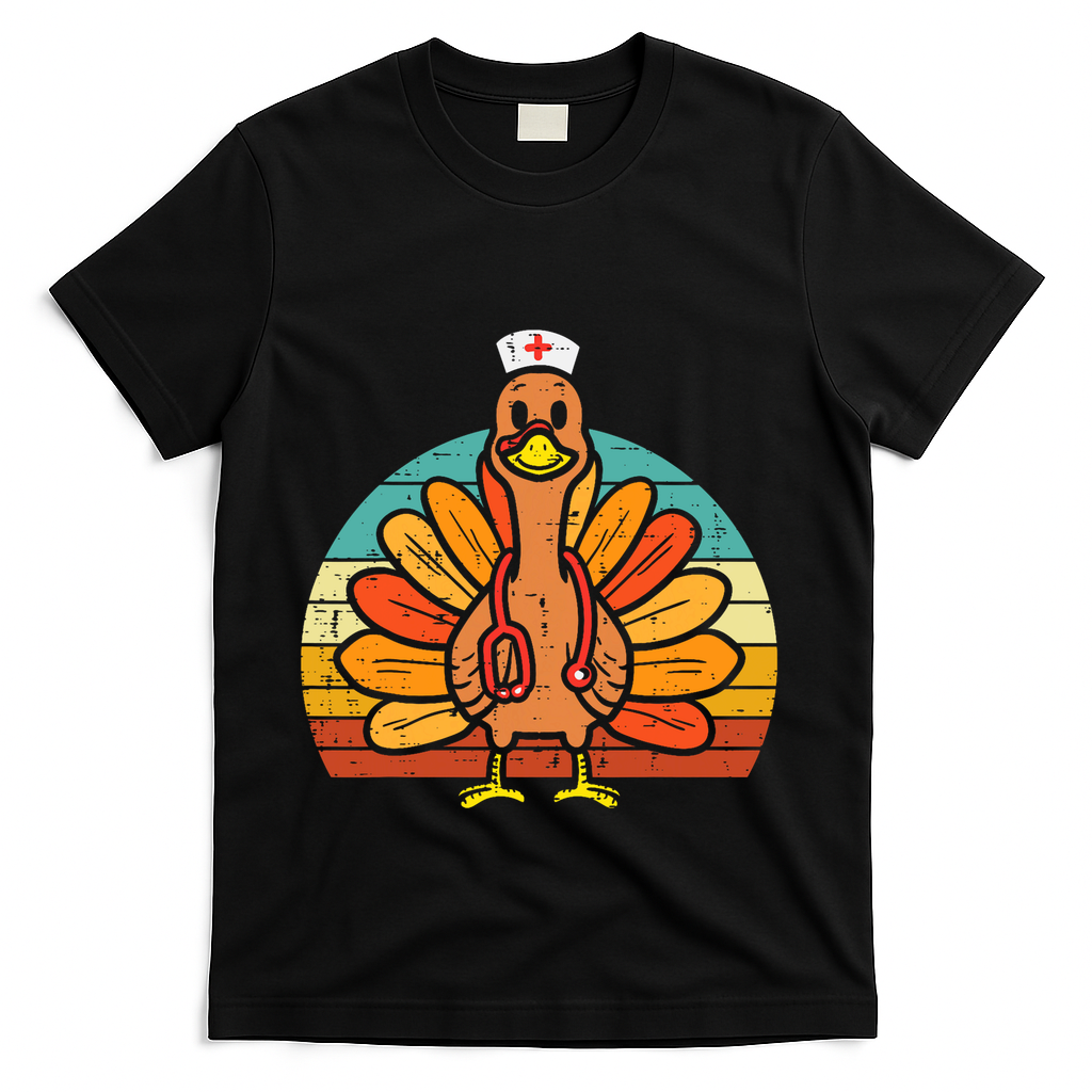 Turkey Nurse Stethoscope Thanksgiving Fall Scrub Top T-Shirt - Black