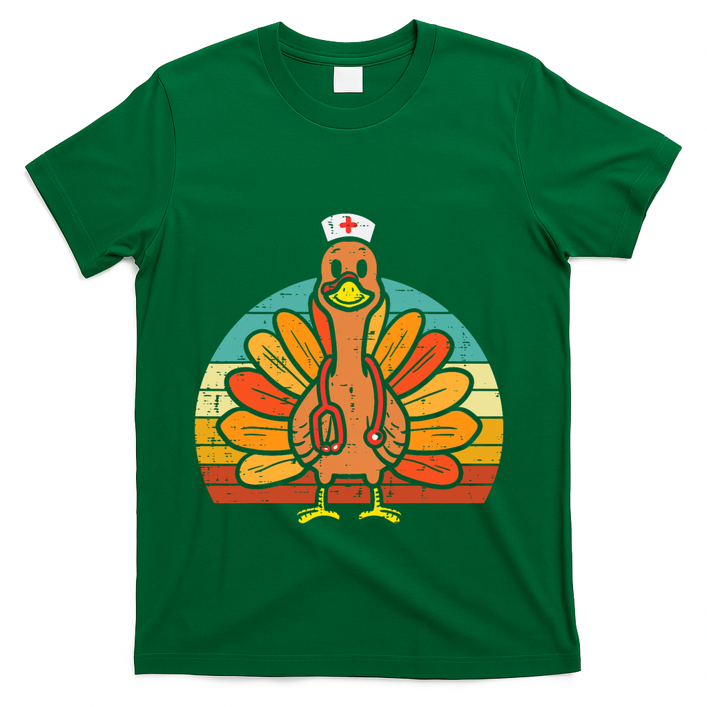 Turkey Nurse Stethoscope Thanksgiving Fall Scrub Top T-Shirt - Green