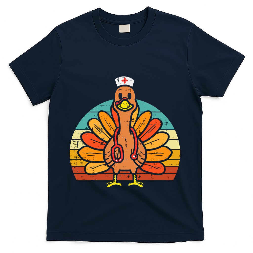 Turkey Nurse Stethoscope Thanksgiving Fall Scrub Top T-Shirt - Navy