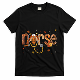 Thanksgiving Nurse Women Girl Turkey Fall Scrub Top T-Shirt - Black