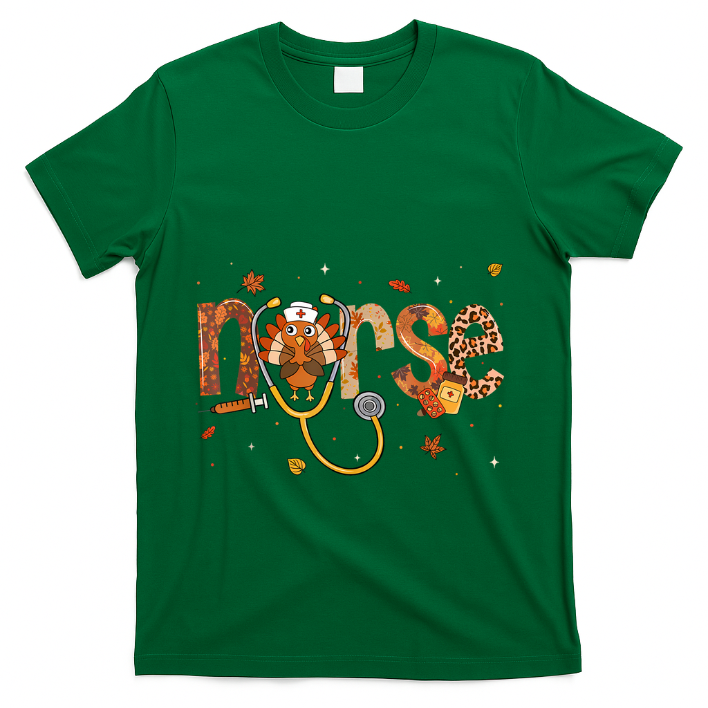 Thanksgiving Nurse Women Girl Turkey Fall Scrub Top T-Shirt - Green