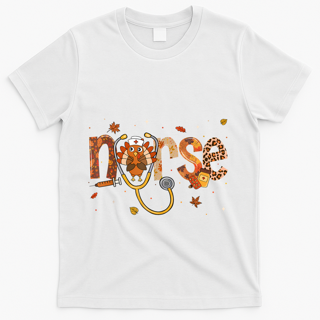 Thanksgiving Nurse Women Girl Turkey Fall Scrub Top T-Shirt - White