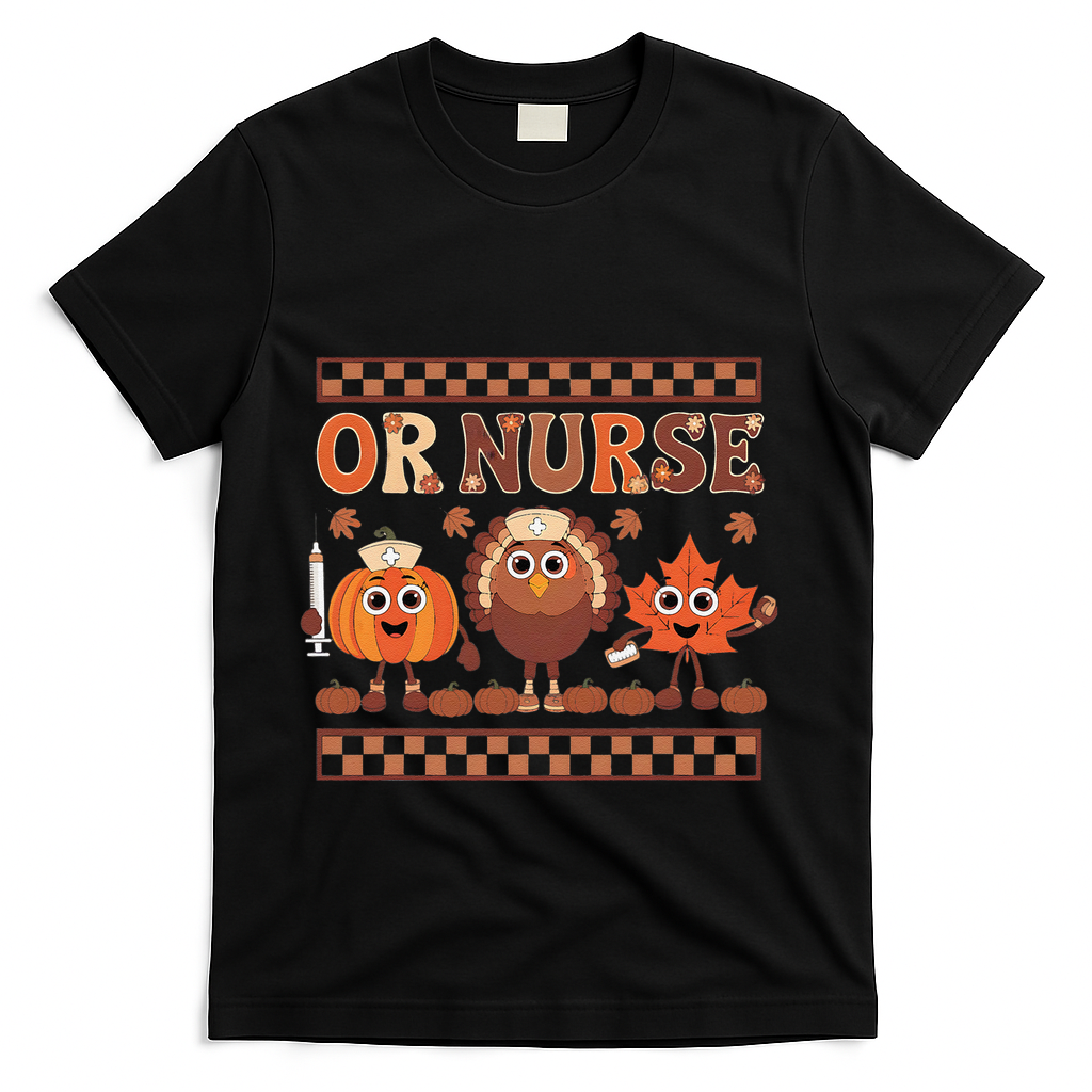 Thanksgiving Or Nurse Fall Pumpkin And Turkey Autumn Check T-Shirt - Black