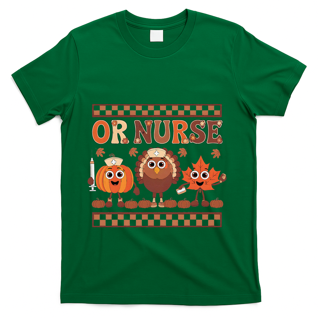 Thanksgiving Or Nurse Fall Pumpkin And Turkey Autumn Check T-Shirt - Green