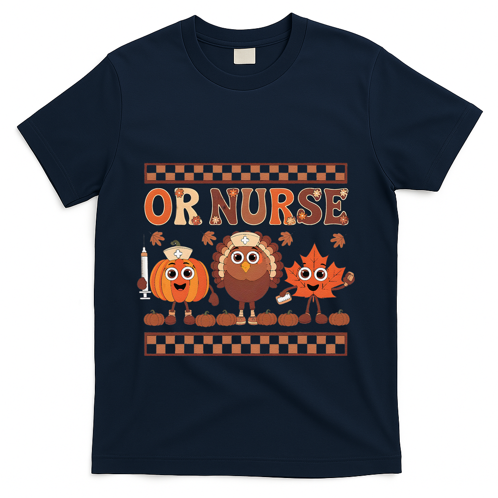 Thanksgiving Or Nurse Fall Pumpkin And Turkey Autumn Check T-Shirt - Navy