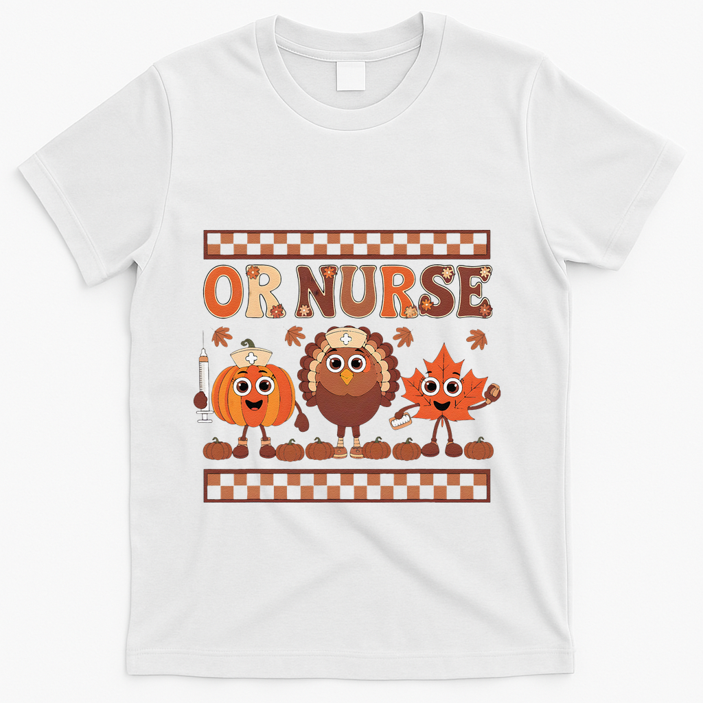 Thanksgiving Or Nurse Fall Pumpkin And Turkey Autumn Check T-Shirt - White