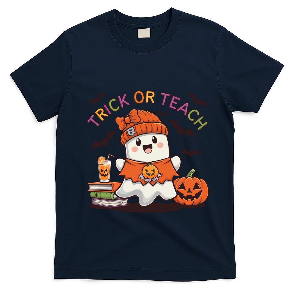 Trick Or Teach Back To School Cute Ghost Halloween Teachers Gift T-Shirt - Navy Blue
