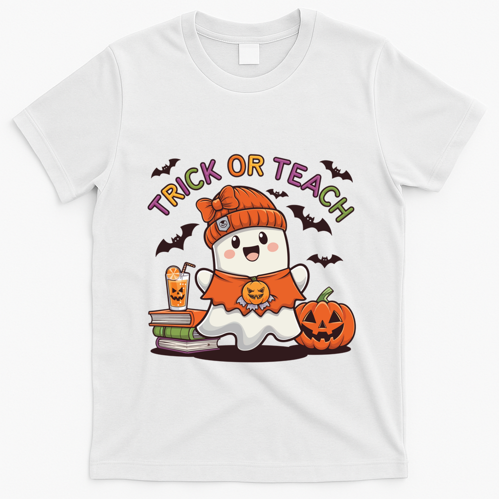 Trick Or Teach Back To School Cute Ghost Halloween Teachers Gift T-Shirt - White