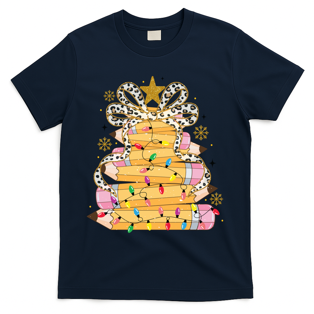 Teacher Pencil Christmas Tree T-Shirt - Navy