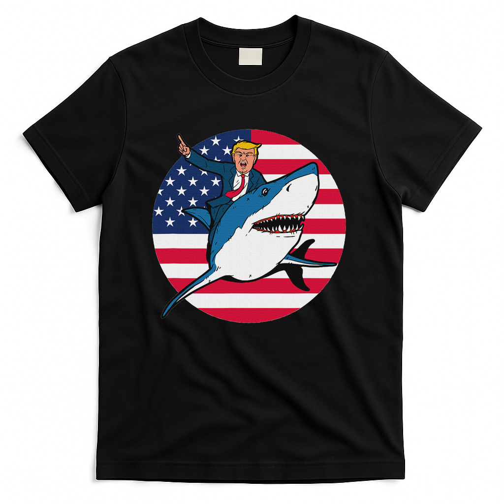 Trump President For Women Gifts Girl Men Kids Riding Shark T-Shirt - Black